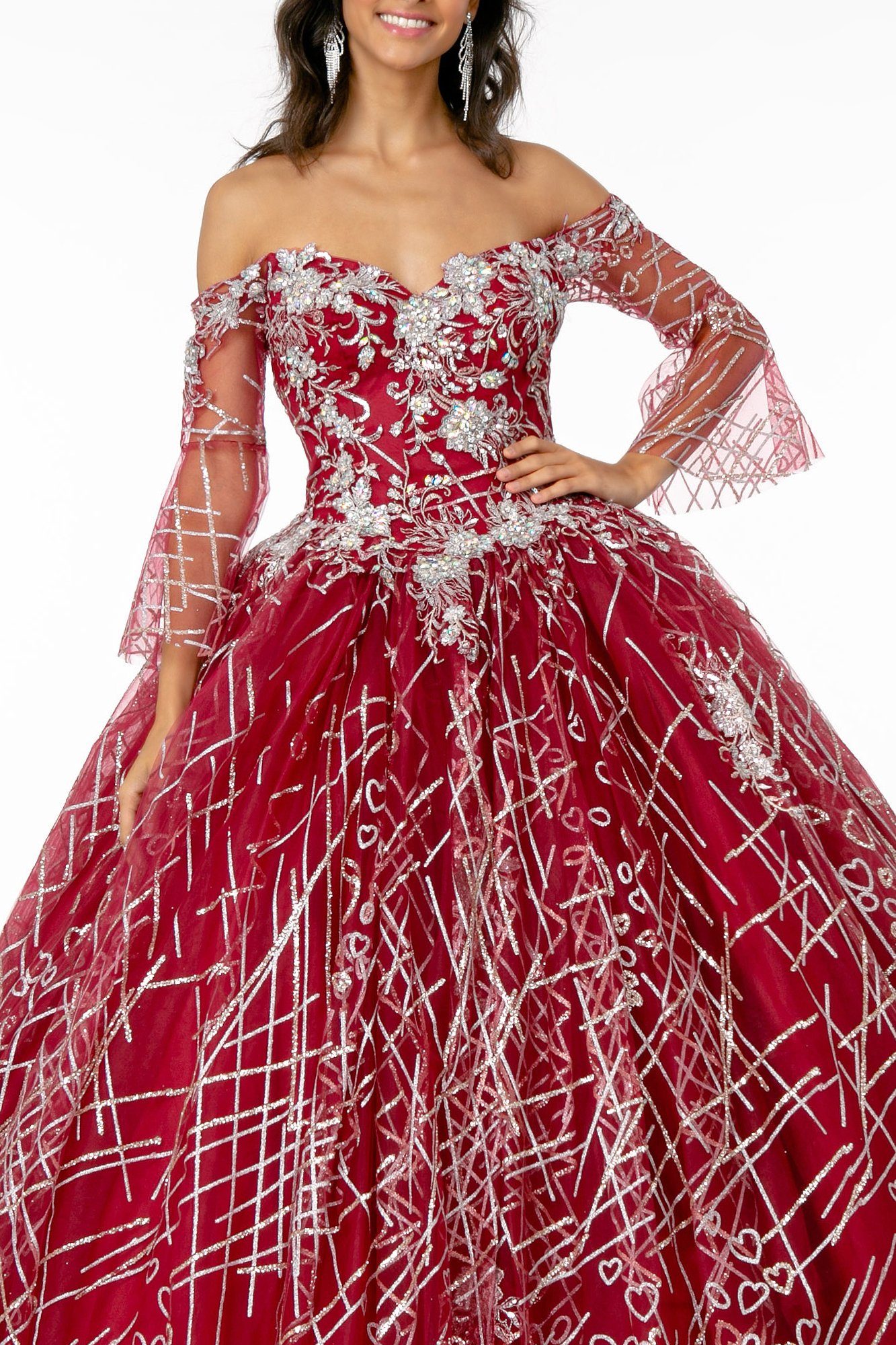 Off Shoulder Glitter Ball Gown with Bell Sleeves by Elizabeth K GL2911