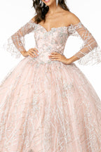 Off Shoulder Glitter Ball Gown with Bell Sleeves by Elizabeth K GL2911