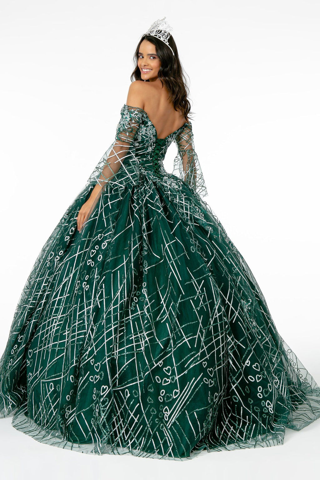 Off Shoulder Glitter Ball Gown with Bell Sleeves by Elizabeth K GL2911