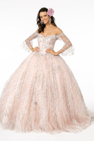 Schulterfreies Glitzer-Ballkleid mit Glockenärmeln von Elizabeth K GL2911