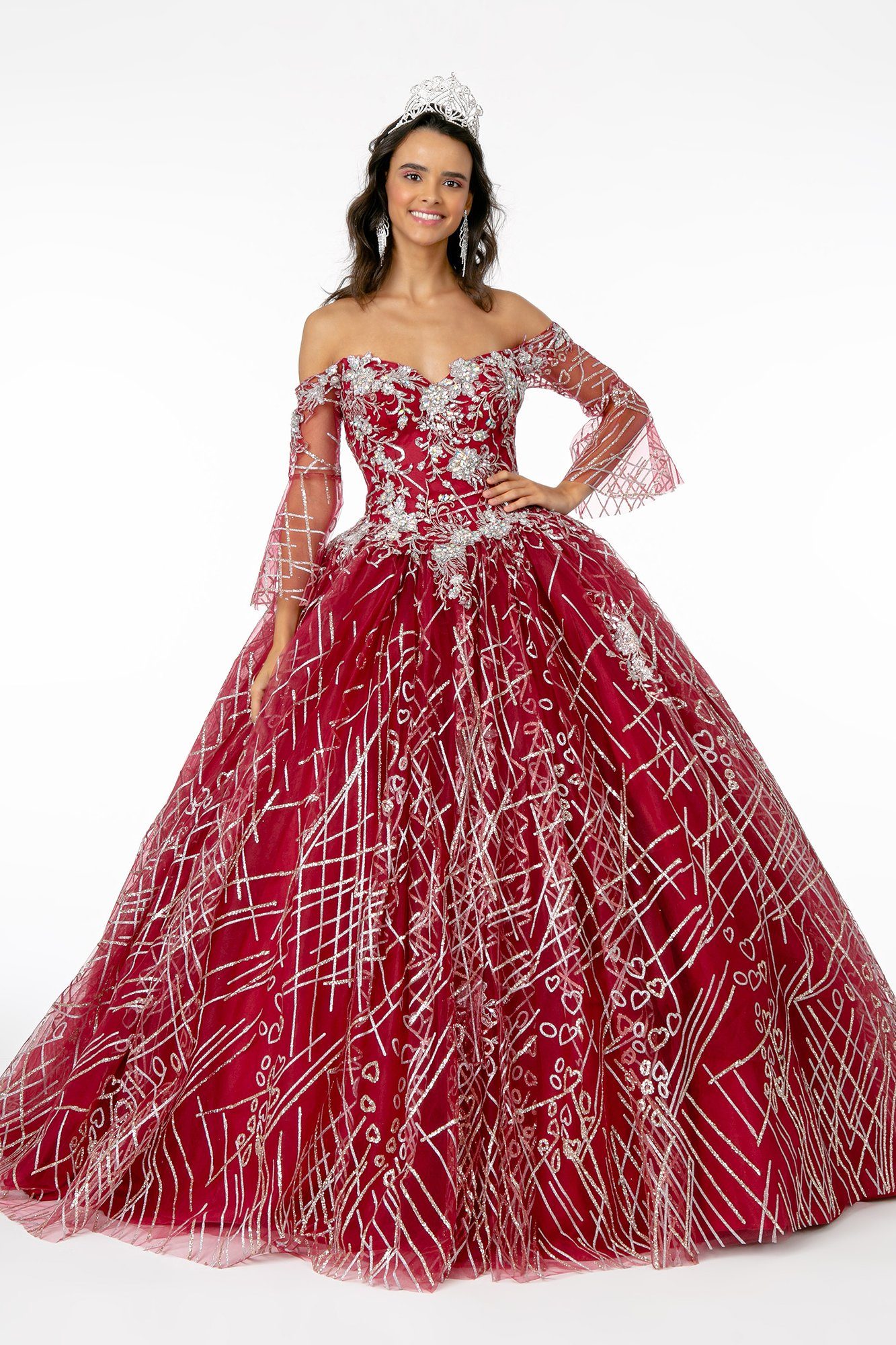 Off Shoulder Glitter Ball Gown with Bell Sleeves by Elizabeth K GL2911
