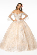 Off Shoulder Glitter Ball Gown with Bell Sleeves by Elizabeth K GL2911