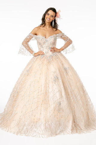Schulterfreies Glitzer-Ballkleid mit Glockenärmeln von Elizabeth K GL2911