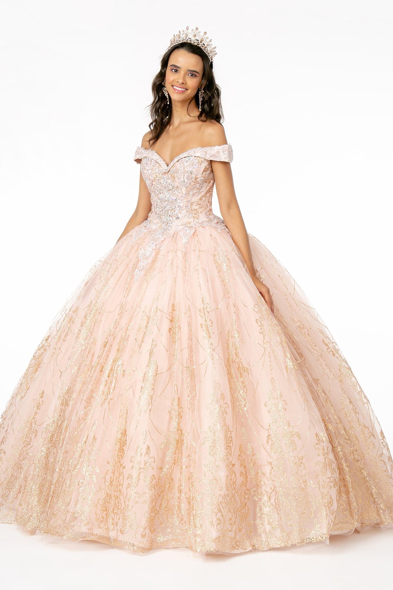 Off Shoulder Glitter Print Ball Gown by Elizabeth K GL2910