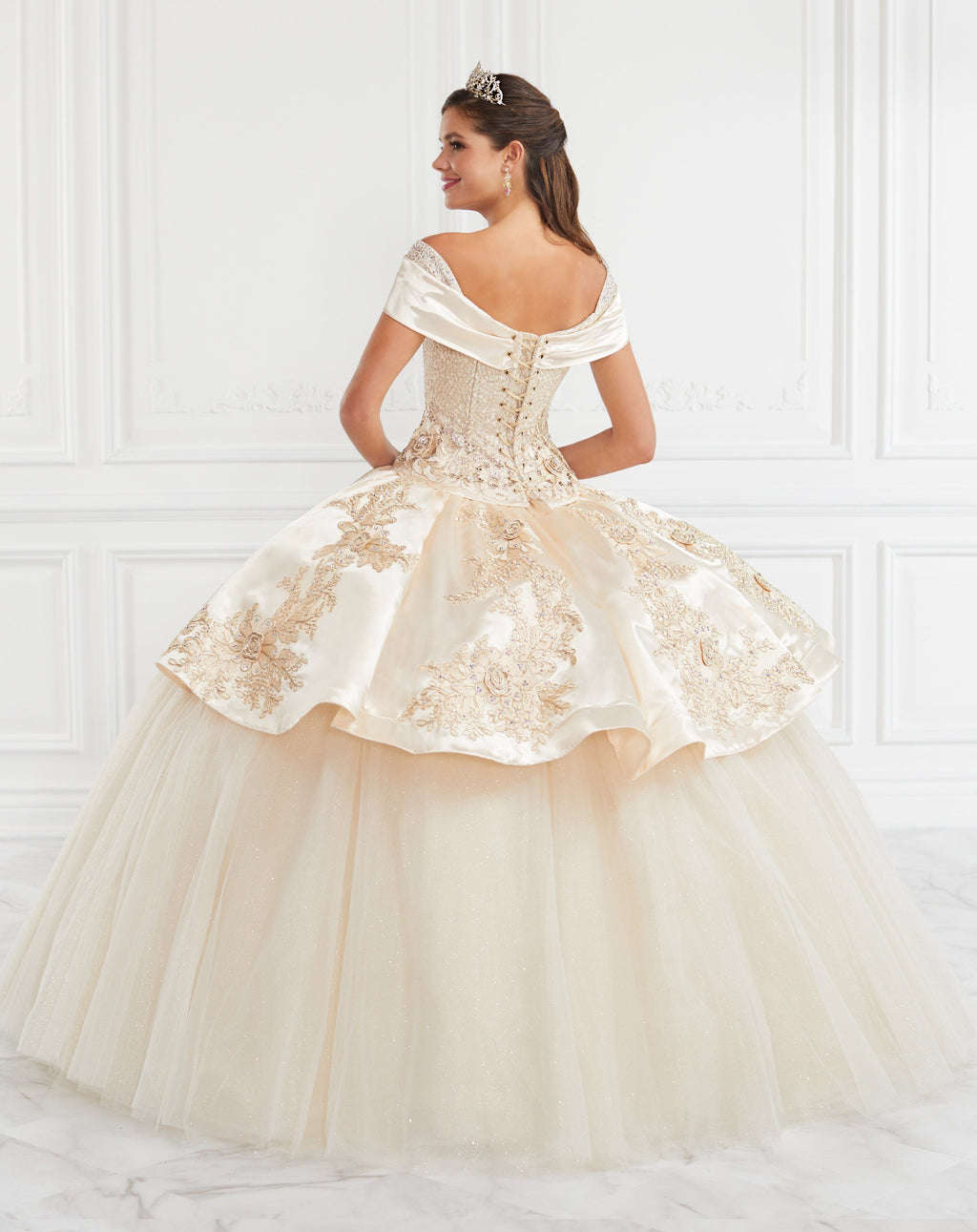 Off Shoulder Glitter Tulle Quinceanera Dress by LA Glitter 24069