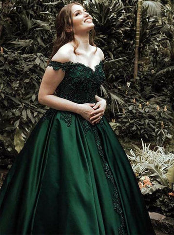 Off Shoulder Green Ball Gown Prom Dress with Appliques PG784