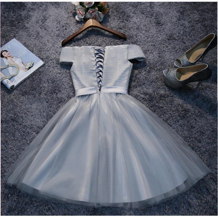 Off Shoulder Grau Tüll Kurze Abschlussballkleider Homecoming-Kleider PD111