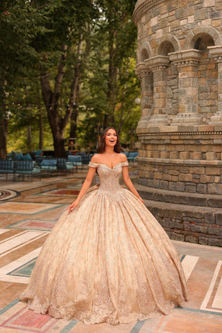 Schulterfreies Quinceanera-Kleid mit Kapuzenmantel von Amarra 54324