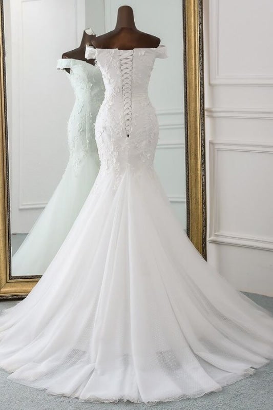 Off Shoulder Lace-up Applique Pretty Mermaid Elegant Wedding Dresses