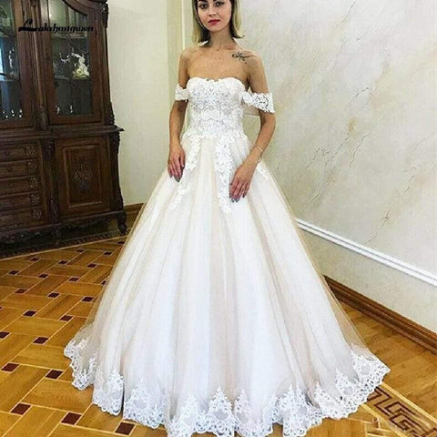NumberSea Schulterfreies Prinzessinnen-Brautkleid mit Vintage-Spitzenapplikationen