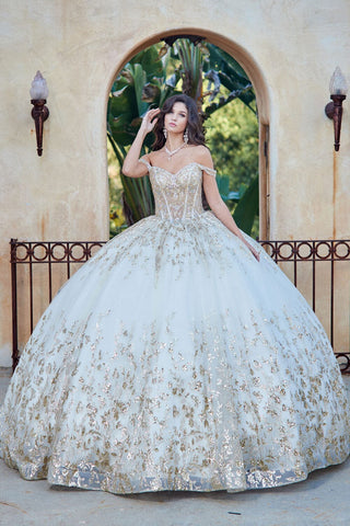 Schulterfreies Ballkleid mit Puffärmeln von Petite Adele PQ1041