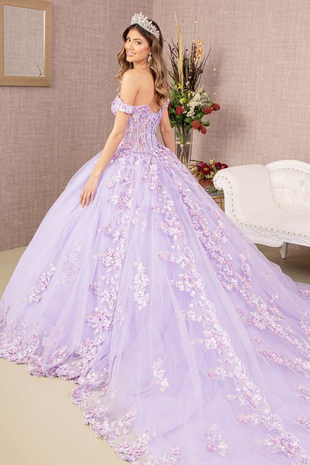 Off Shoulder Sheer Corset Ball Gown by Elizabeth K GL3182