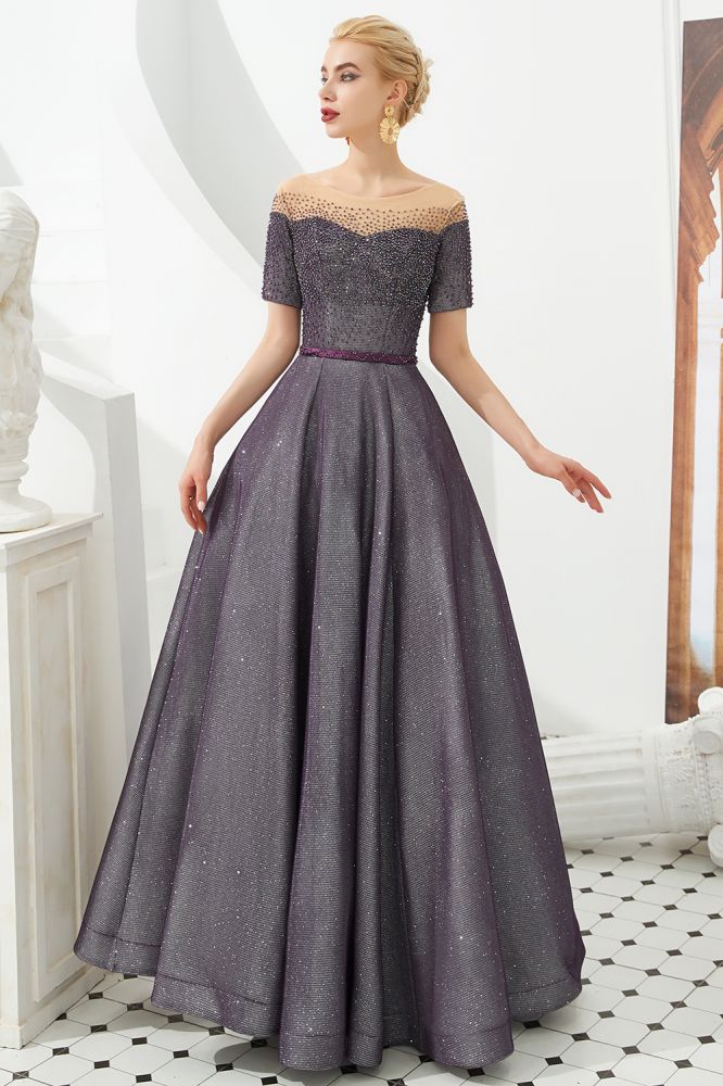 Schulterfreies Aline-Abend-Swing-Kleid mit Perlen und Pailletten, Schnürung, Partykleid