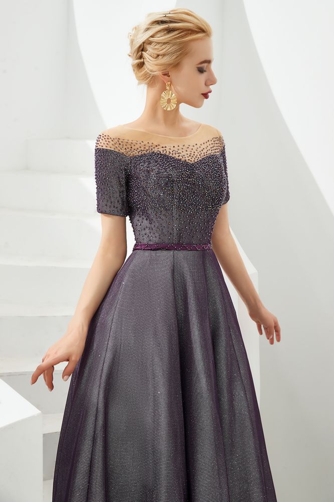 Schulterfreies Aline-Abend-Swing-Kleid mit Perlen und Pailletten, Schnürung, Partykleid