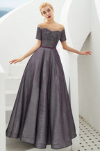 Schulterfreies Aline-Abend-Swing-Kleid mit Perlen und Pailletten, Schnürung, Partykleid