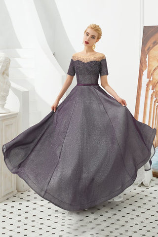 Schulterfreies Aline-Abend-Swing-Kleid mit Perlen und Pailletten, Schnürung, Partykleid