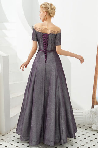 Schulterfreies Aline-Abend-Swing-Kleid mit Perlen und Pailletten, Schnürung, Partykleid