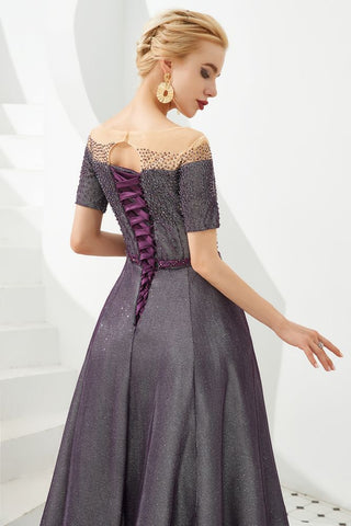 Schulterfreies Aline-Abend-Swing-Kleid mit Perlen und Pailletten, Schnürung, Partykleid