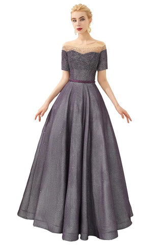 Schulterfreies Aline-Abend-Swing-Kleid mit Perlen und Pailletten, Schnürung, Partykleid