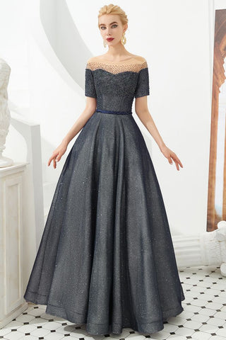 Schulterfreies Aline-Abend-Swing-Kleid mit Perlen und Pailletten, Schnürung, Partykleid