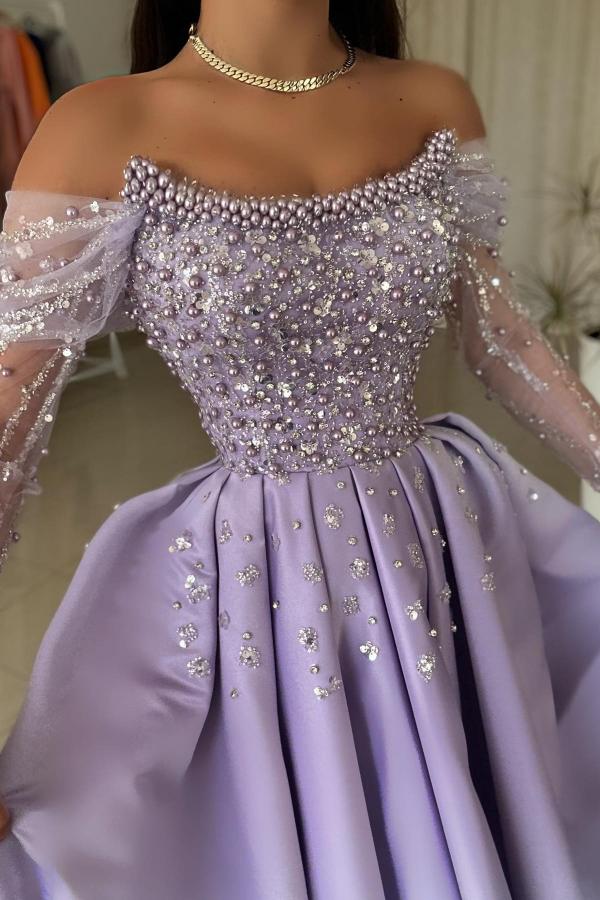 Vestido de festa em cetim com decote em V e mangas compridas, decote em A e strass
