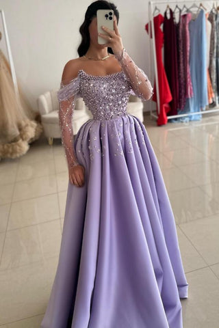Off The Shoulder Beads Long Sleeves A-Line Satin Prom Dress with Rhinestones