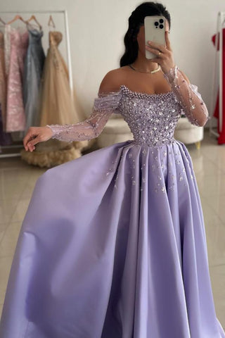 Off The Shoulder Beads Long Sleeves A-Line Satin Prom Dress with Rhinestones