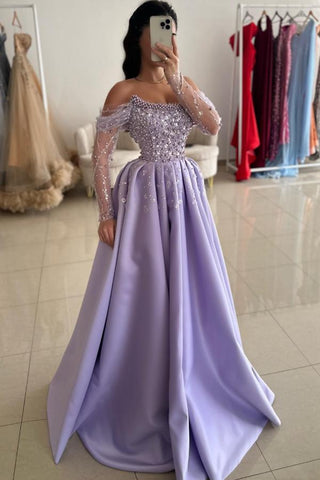 Off The Shoulder Beads Long Sleeves A-Line Satin Prom Dress with Rhinestones