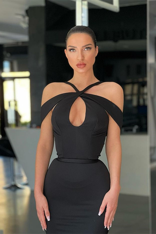 Vestido de noite comprido estilo sereia, preto, ombro descoberto