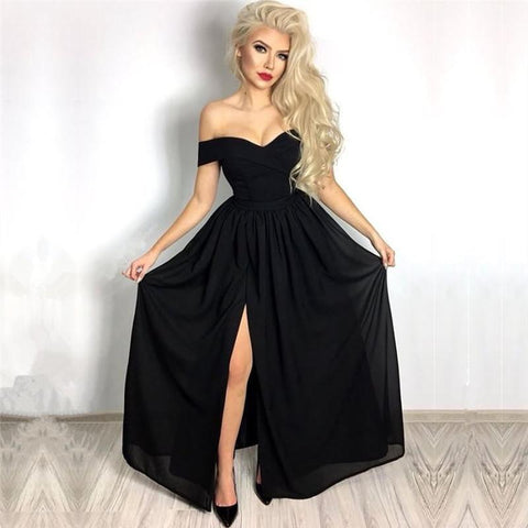 Off the Shoulder Black Long A-line Chiffon Formal Prom Dress with Slit