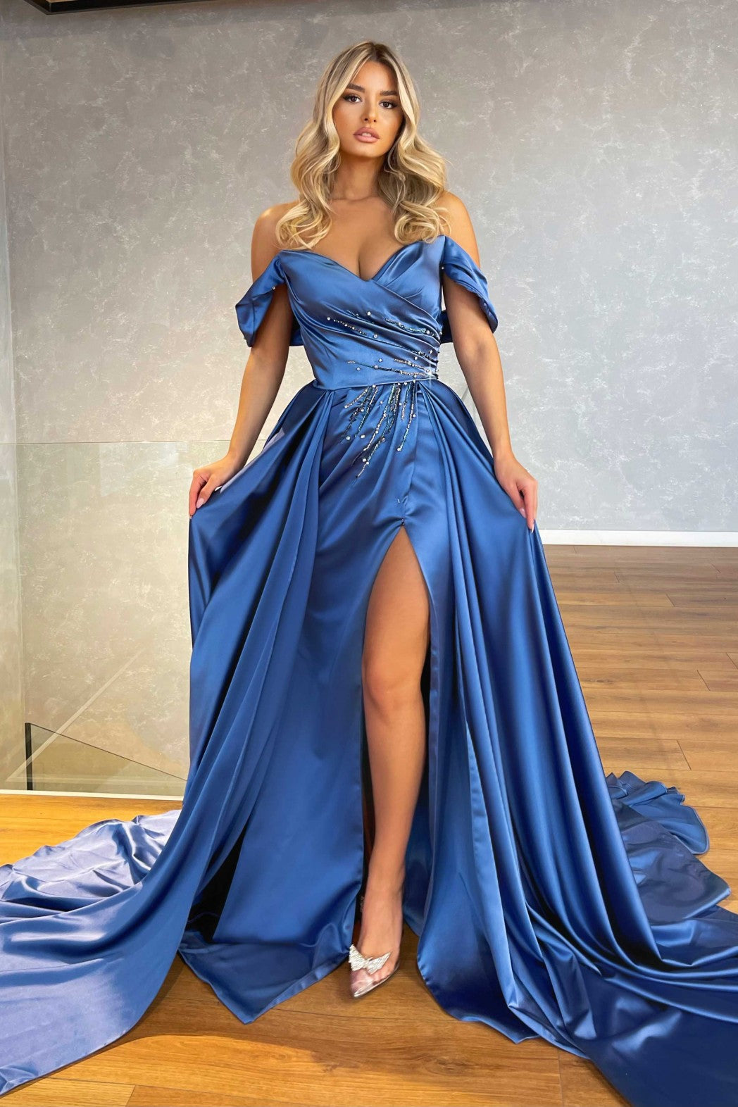 Off-the-Shoulder Long Mermaid Satin Split Evening Dress