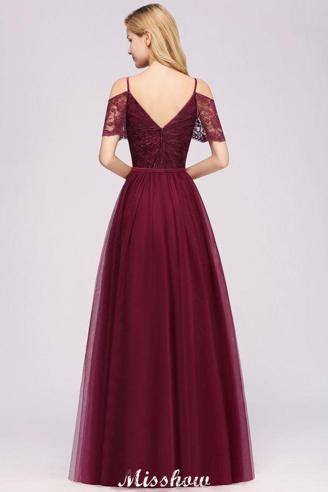 Off the Shoulder Burgundy Aline Bridesmaid Dress Floor Length Tulle Evening Maxi Gown