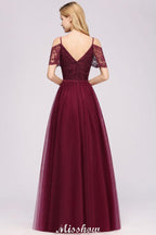 Off the Shoulder Burgundy Aline Bridesmaid Dress Floor Length Tulle Evening Maxi Gown