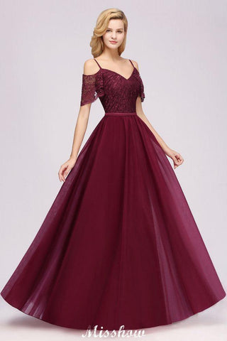Schulterfreies Burgunder Aline Brautjungfernkleid Bodenlanges Tüll-Abend-Maxikleid