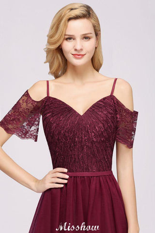 Schulterfreies Burgunder Aline Brautjungfernkleid Bodenlanges Tüll-Abend-Maxikleid