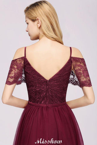 Schulterfreies Burgunder Aline Brautjungfernkleid Bodenlanges Tüll-Abend-Maxikleid