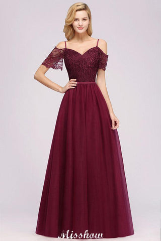 Schulterfreies Burgunder Aline Brautjungfernkleid Bodenlanges Tüll-Abend-Maxikleid