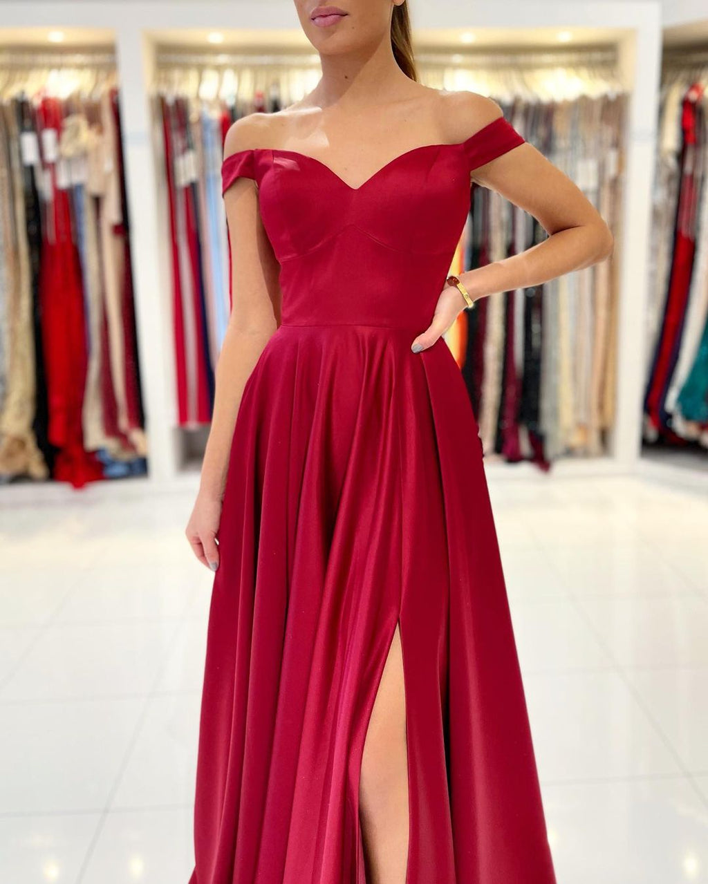 Off-the-Shoulder Burgundy Long A-line Formal Prom Dress with Slit