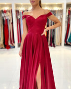 Off-the-Shoulder Burgundy Long A-line Formal Prom Dress with Slit