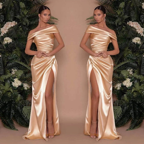 Off The Shoulder Charmeuse Prom Dress Split Ruffle Mermaid
