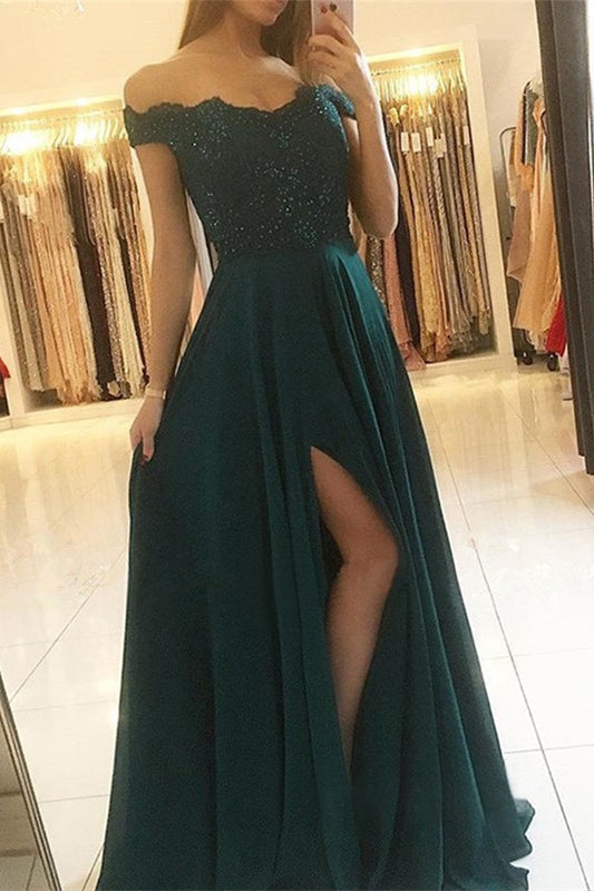 Vestido de festa comprido em chiffon, verde-escuro, ombro à mostra, com racha