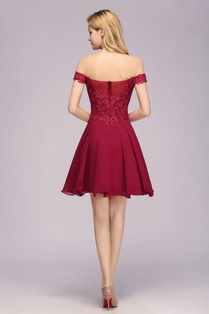 Über der Schulter Blumen-Spitze Kurzes Homecoming-Kleid Burgunder Knie Lange Chiffon Abendkleid