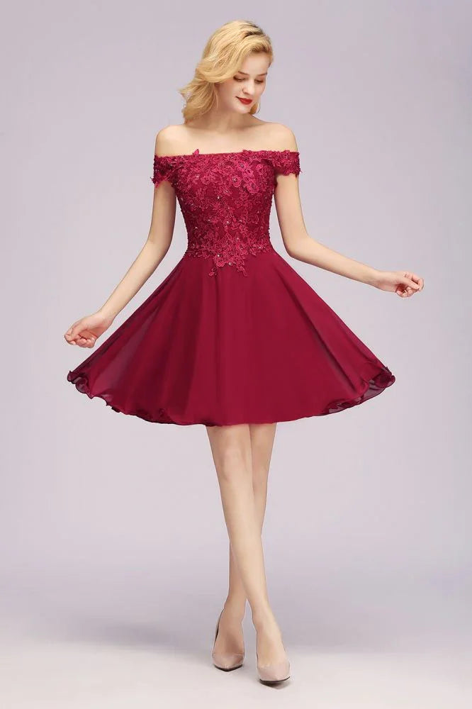 Über der Schulter Blumen-Spitze Kurzes Homecoming-Kleid Burgunder Knie Lange Chiffon Abendkleid