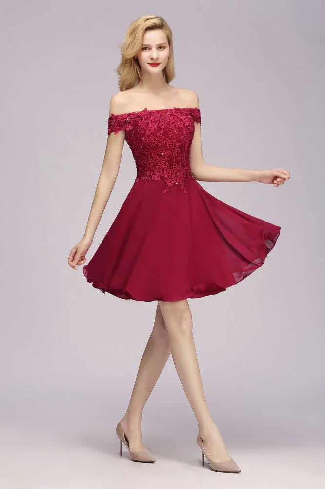 Über der Schulter Blumen-Spitze Kurzes Homecoming-Kleid Burgunder Knie Lange Chiffon Abendkleid