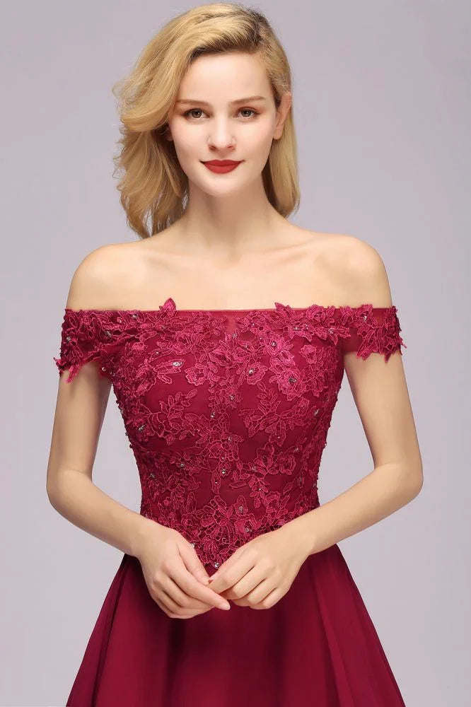 Über der Schulter Blumen-Spitze Kurzes Homecoming-Kleid Burgunder Knie Lange Chiffon Abendkleid