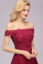 Über der Schulter Blumen-Spitze Kurzes Homecoming-Kleid Burgunder Knie Lange Chiffon Abendkleid