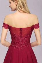 Über der Schulter Blumen-Spitze Kurzes Homecoming-Kleid Burgunder Knie Lange Chiffon Abendkleid