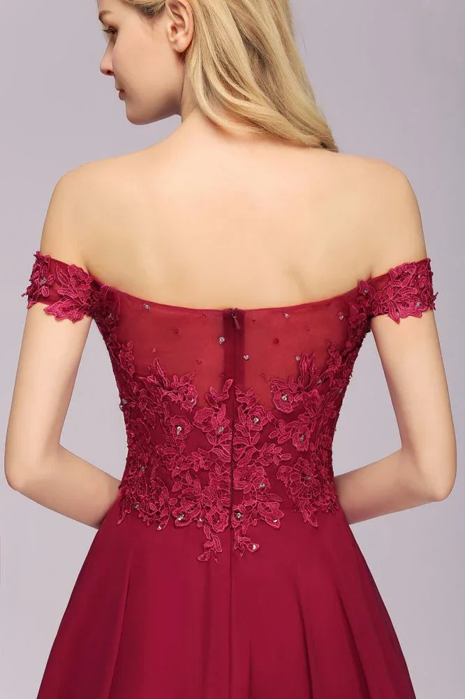 Über der Schulter Blumen-Spitze Kurzes Homecoming-Kleid Burgunder Knie Lange Chiffon Abendkleid