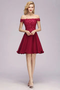 Über der Schulter Blumen-Spitze Kurzes Homecoming-Kleid Burgunder Knie Lange Chiffon Abendkleid