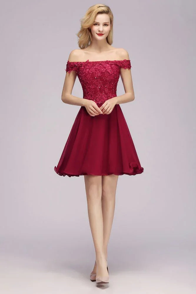 Über der Schulter Blumen-Spitze Kurzes Homecoming-Kleid Burgunder Knie Lange Chiffon Abendkleid